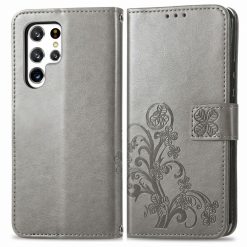 Peňaženkové puzdro Embossing Pattern Štvorlístok sivé – Samsung Galaxy S22 Ultra